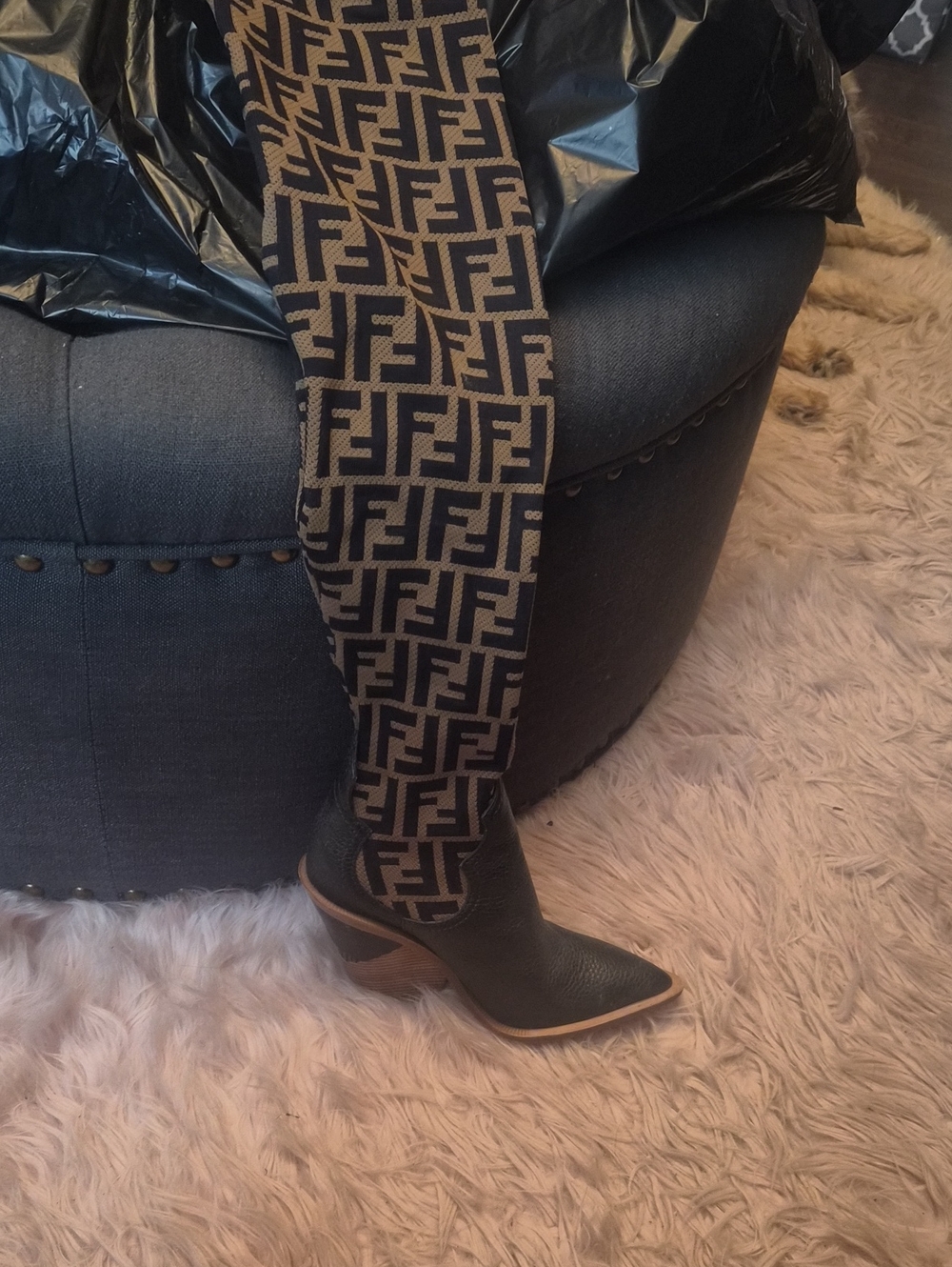 Authentic Fendi Black Leather Foot with Brown Monogram Knit Over-The-Knee Boots